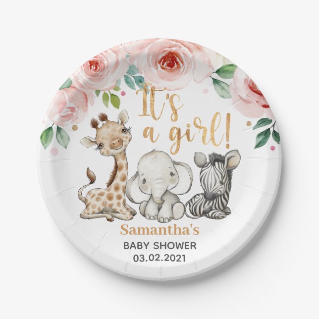 It's a Girl! Safari Animals Baby Shower Paper Plates (Front)