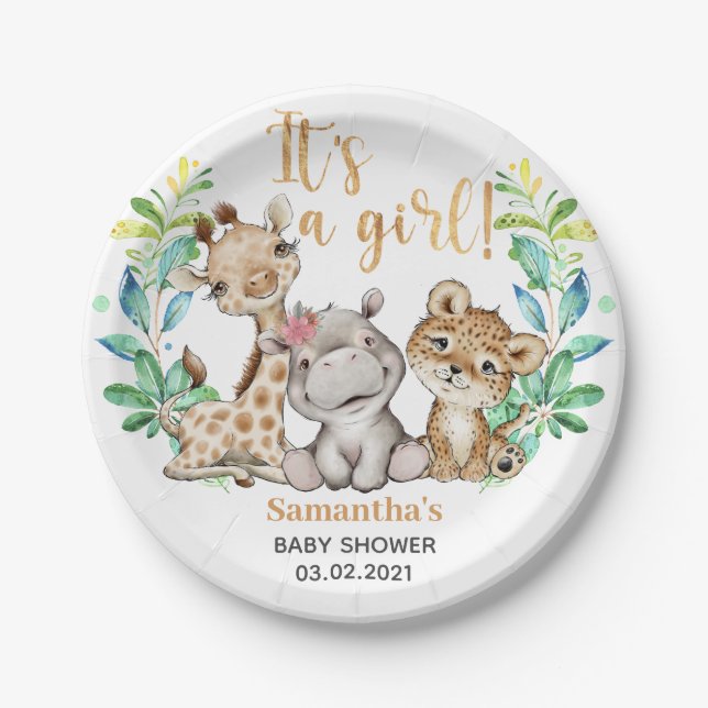 It's a Girl! Safari Baby Shower Paper Plates (Front)