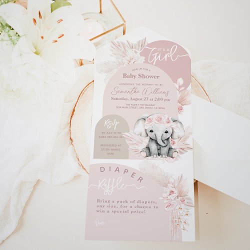 Its a Girl Safari Boho Floral Pink Baby Shower All In One Invitation