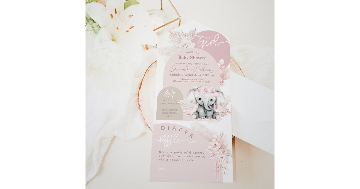 It's a Girl Safari Boho Floral Pink Baby Shower All In One Invitation ...