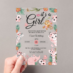 It's a Girl Safari Girl Pink Baby Shower Jungle Acrylic Invitations