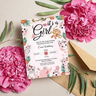 It's a Girl Safari Girl Pink Baby Shower Jungle  Invitation