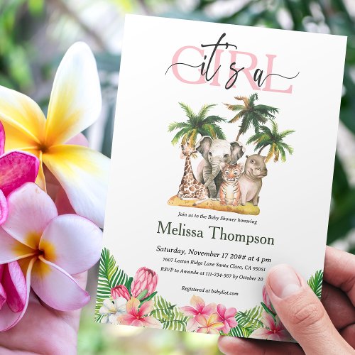Its a Girl Safari Wild Tropical Floral Baby Shower Invitation