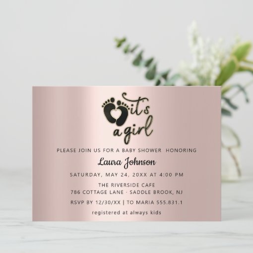 It's A Girl Script Baby Shower Black Rose Feet Invitation | Zazzle