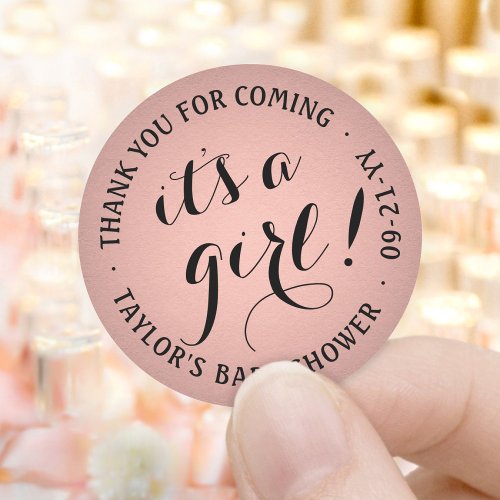 Its a Girl Script Baby Shower Pink and Black Classic Round Sticker