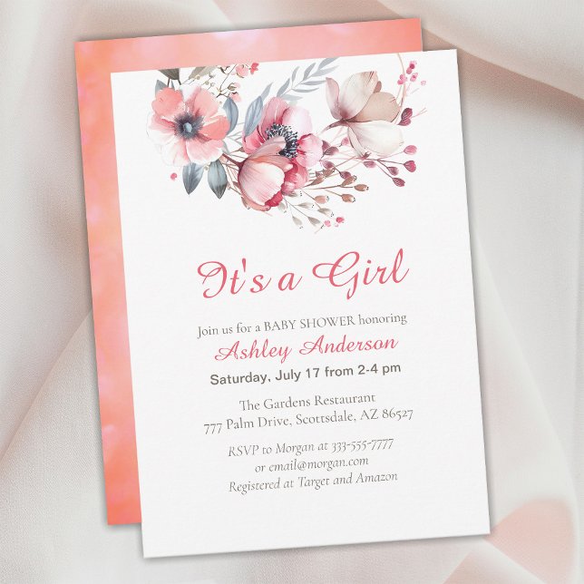 It's a Girl, Script Text, Flowers, Baby Shower Invitation (Creator Uploaded)