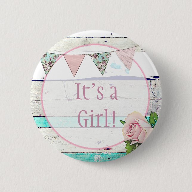 It's a Girl! Shabby Rustic Birth Announcement Button (Front)
