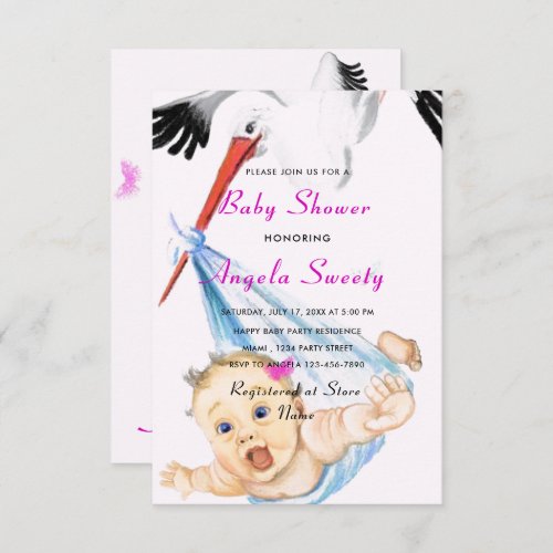 Its a Girl Shower Invitation Stork Carrying Baby