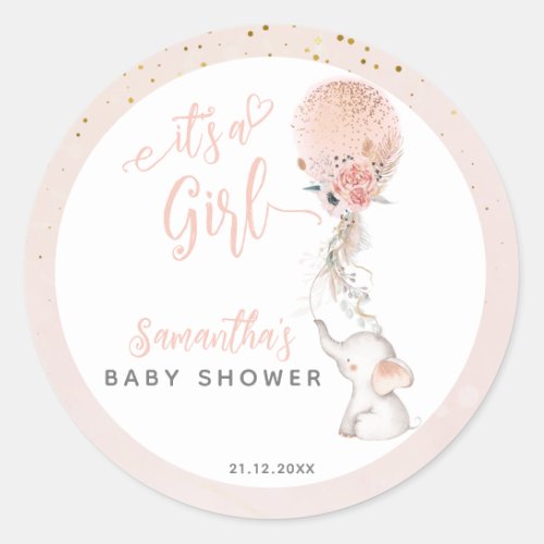 Its a Girl Simple Elephant  Balloon Baby Shower Classic Round Sticker