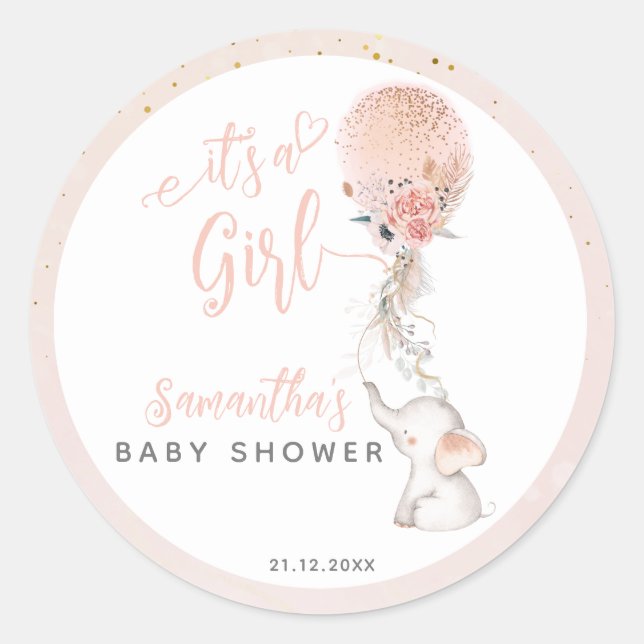 It's a Girl Simple Elephant & Balloon Baby Shower Classic Round Sticker (Front)