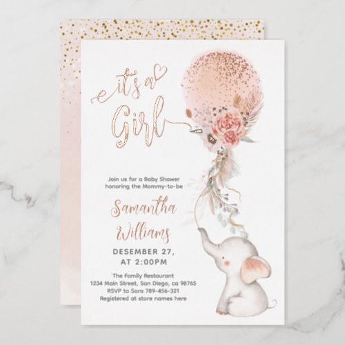 Its a Girl Simple Elephant  Balloon Baby Shower Foil Invitation