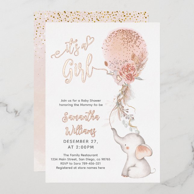 It's a Girl Simple Elephant & Balloon Baby Shower Foil Invitation (Front/Back)