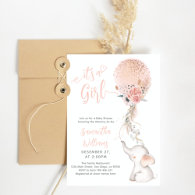 It's a Girl Simple Elephant & Balloon Baby Shower Invitation