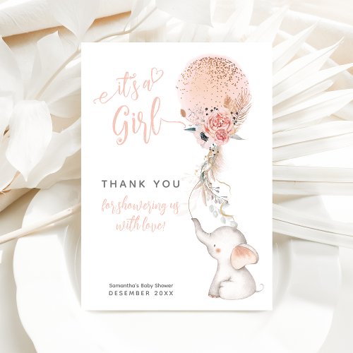 Its a Girl Simple Elephant  Balloon Baby Shower  Thank You Card