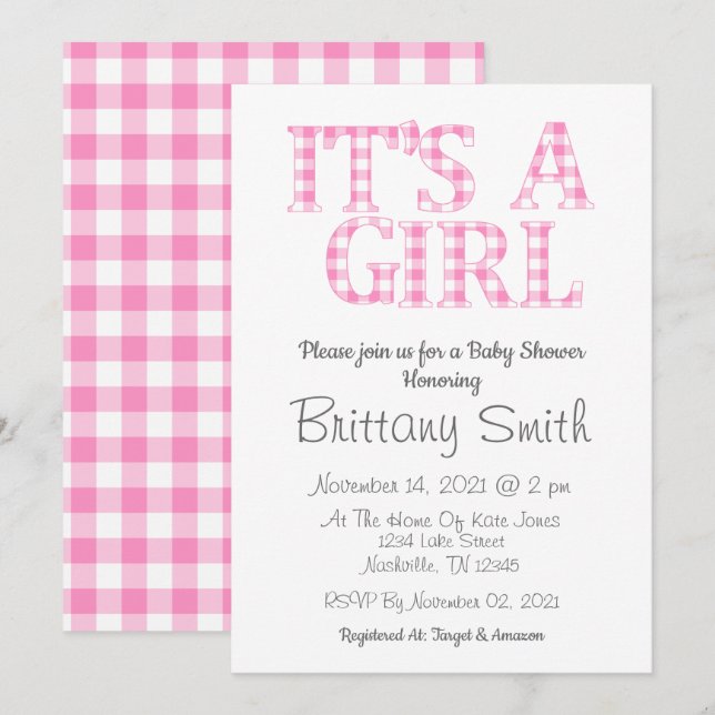 Its A Girl Simple Pink and White Baby Shower Invitation (Front/Back)