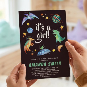 It's a Girl Space Dinosaur Galaxy Baby Shower Invitation