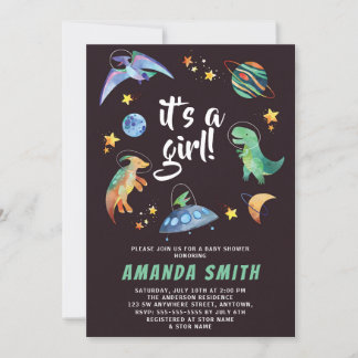 It's a Girl Space Dinosaur Galaxy Baby Shower Invitation