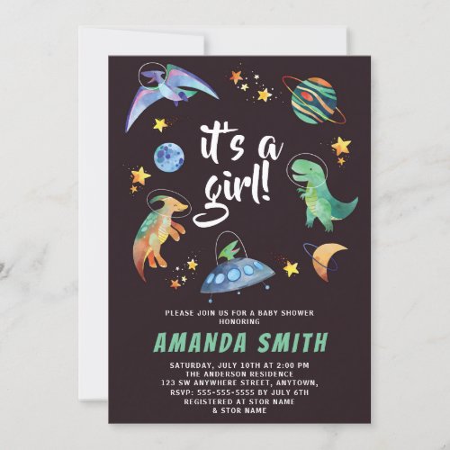 Its a Girl Space Dinosaur Galaxy Baby Shower Invitation