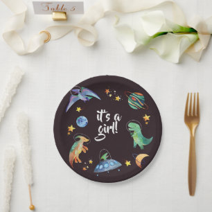 It's a Girl Space Dinosaur Galaxy Baby Shower Paper Plates
