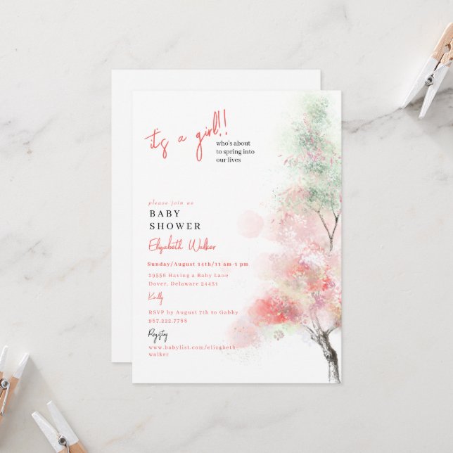 It's a Girl Spring Baby Shower Invitation (Front/Back In Situ)