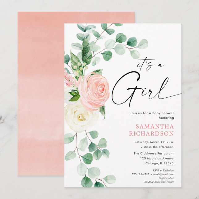 It's a Girl spring floral greenery eucalyptus baby Invitation (Front/Back)