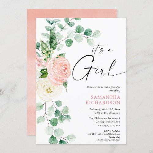 Its a Girl spring floral greenery eucalyptus baby Invitation