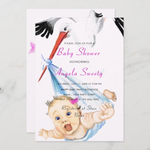 Its a Girl Stork Carrying Baby Shower Invitation