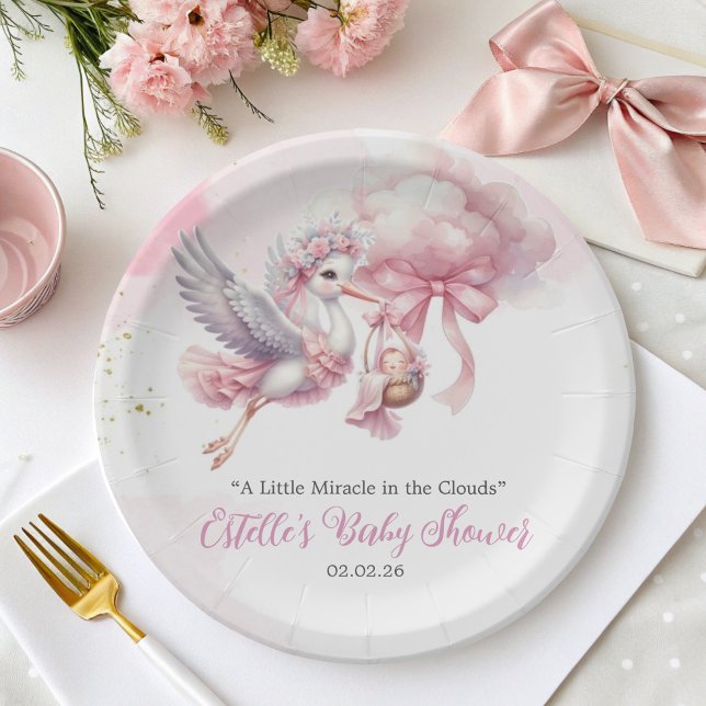 It's a Girl Stork & Pink Cloud Baby Shower Paper Plates (Creator Uploaded)