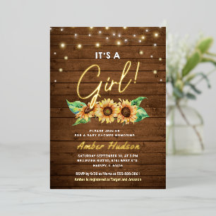 It's a Girl Sunflower Rustic Fall Baby Shower Gold Foil Invitation