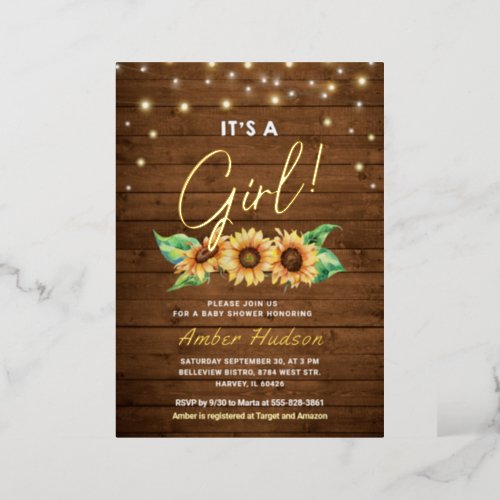 Its a Girl Sunflower Rustic Fall Baby Shower Gold Foil Invitation