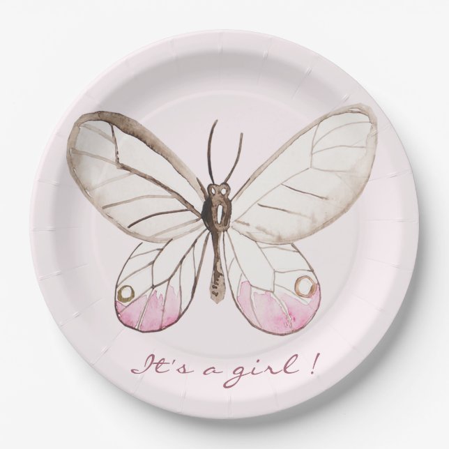 It's a girl! Sweet Blush Butterfly | Babyshower Paper Plates (Front)