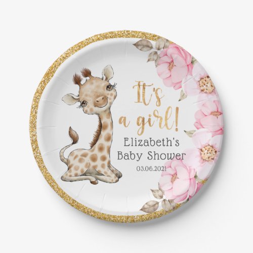 Its a Girl Sweet Giraffe Baby Shower Paper Plate