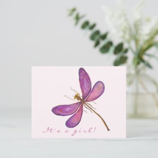 It's a girl! Sweet Purple Dragonfly Announcement Postcard