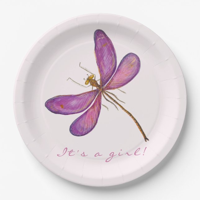 It's a girl! Sweet Purple Dragonfly Paper Plates (Front)