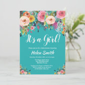 It's A Girl Teal Floral Baby Shower Invitation (Standing Front)