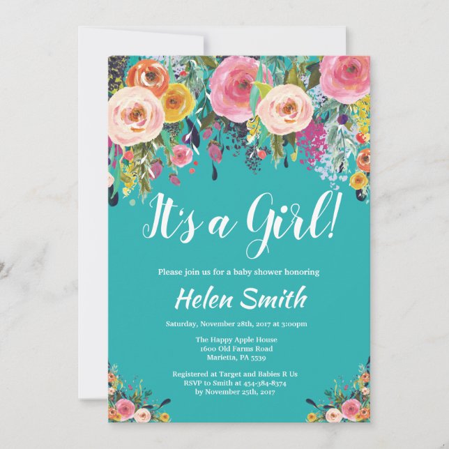 It's A Girl Teal Floral Baby Shower Invitation (Front)