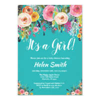 It's A Girl Teal Floral Baby Shower Invitation