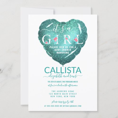 Its a Girl Teal Glitter Balloon Baby Shower Invitation