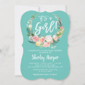 Its A Girl Teal Pink Floral Wreath Baby Shower Invitation (Front)