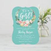 Its A Girl Teal Pink Floral Wreath Baby Shower Invitation (Standing Front)