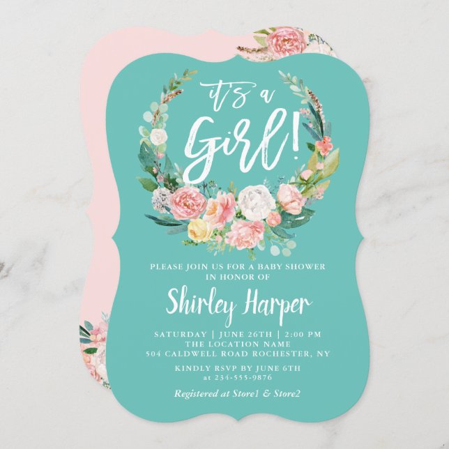 Its A Girl Teal Pink Floral Wreath Baby Shower Invitation (Front/Back)