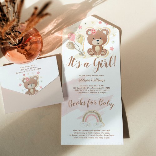 Its a Girl Teddy Bear Baby Shower All In One Invitation