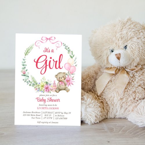 Its a girl teddy bear floral arch baby shower invitation