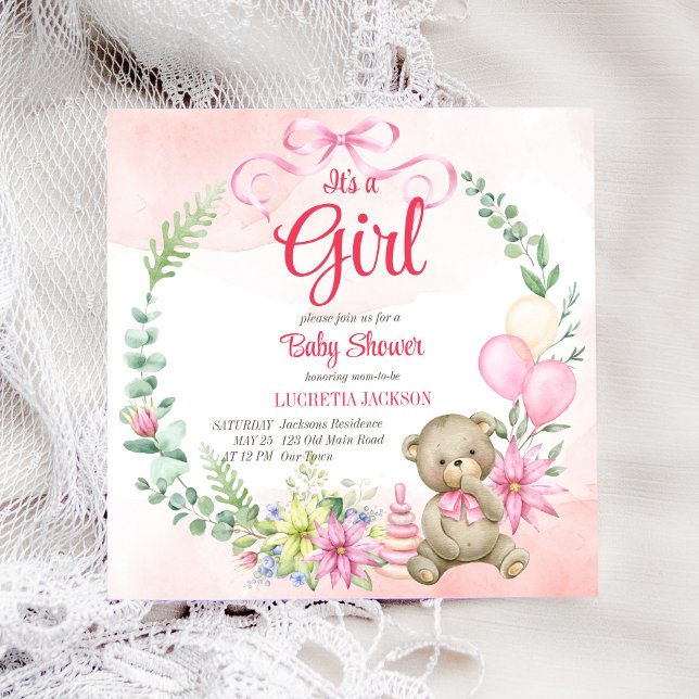 It's a girl teddy bear floral wreath baby shower (Creator Uploaded)