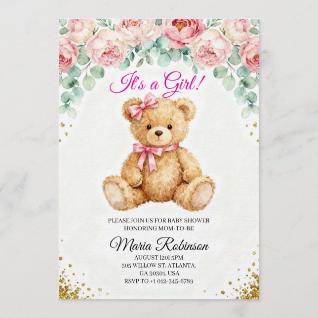 It's a Girl" Teddy Bear Invitation  (Front)