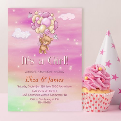 Its a Girl Teddy Bear Pink Balloons Baby Shower Invitation