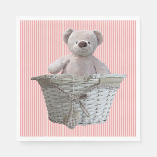It's A Girl Teddy Bear Pink Stripes Baby Shower Paper Napkins
