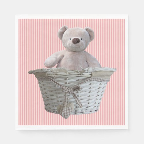 Its A Girl Teddy Bear Pink Stripes Baby Shower Paper Napkins