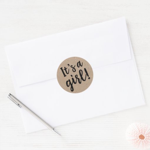 It's A Girl Trendy Script, Kraft Classic Round Sticker | Zazzle