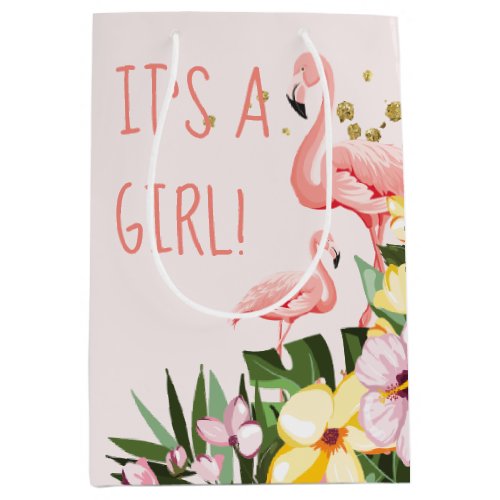 Its a Girl Tropical Floral Gold Pink Flamingo Medium Gift Bag